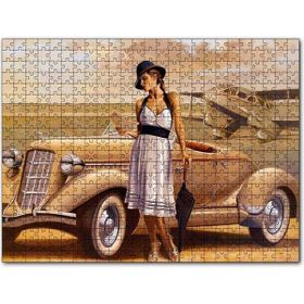 Cakapuzzle Antika Araba Uçak ve Beyaz Elbiseli Kadın Mdf 255 Parça Puzzle