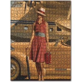 Cakapuzzle Antika Uçak Araba ve Kırmızı Elbiseli Kadın Ahşap 500 Parça Puzzle