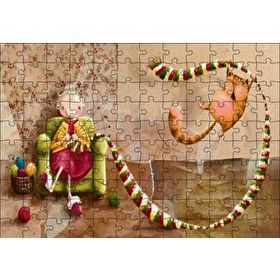 Cakapuzzle Atkı Ören Yaşlı Kadın ve Oynayan Kedisi 120 Parça Ahşap Puzzle