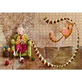 Cakapuzzle Atkı Ören Yaşlı Kadın ve Oynayan Kedisi Mdf 500 Parça Puzzle