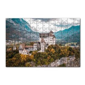 Cakapuzzle Avrupa Kasabasında Korunaklı Kale ve Dağlar 120 Parça Ahşap Puzzle
