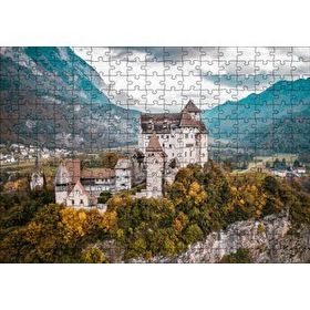 Cakapuzzle Avrupa Kasabasında Korunaklı Kale ve Dağlar 120 Parça Ahşap Puzzle