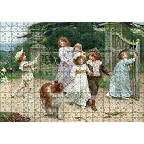 Cakapuzzle Bahçe Kapısı Önünde Çocuklar ve Köpekleri 120 Parça Ahşap Puzzle