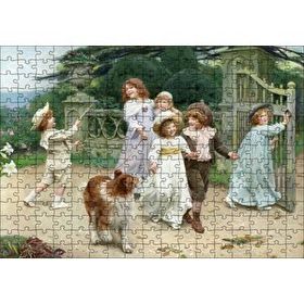 Cakapuzzle Bahçe Kapısı Önünde Çocuklar ve Köpekleri 120 Parça Ahşap Puzzle