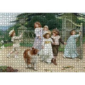 Cakapuzzle Bahçe Kapısı Önünde Çocuklar ve Köpekleri 120 Parça Ahşap Puzzle