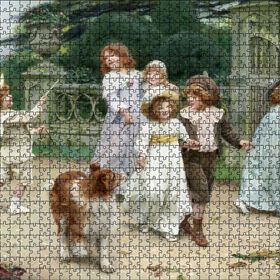 Cakapuzzle Bahçe Kapısı Önünde Çocuklar ve Köpekleri 120 Parça Ahşap Puzzle