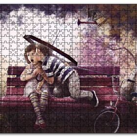 Cakapuzzle Bankta Kızı Öpen Şemsiyeli Çocuk Mdf 255 Parça Puzzle
