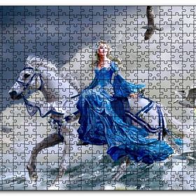 Cakapuzzle Beyaz Atlı Mavi Elbiseli Kız Deniz ve Martılar Mdf 500 Parça Puzzle