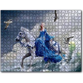 Cakapuzzle Beyaz Atlı Mavi Elbiseli Kız Deniz ve Martılar Mdf 500 Parça Puzzle
