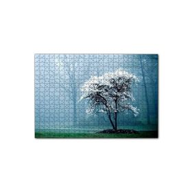 Cakapuzzle Beyaz Çiçekli Ağaç ve Arkada Sisli Orman Mdf 1000 Parça Puzzle