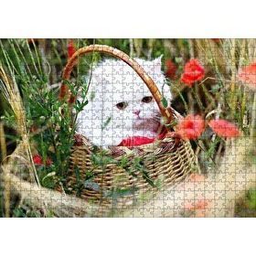 Cakapuzzle Beyaz Kedi Sepet İçinde Doğada 120 Parça Ahşap Puzzle