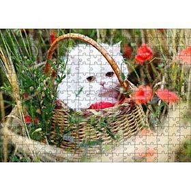 Cakapuzzle Beyaz Kedi Sepet İçinde Doğada 120 Parça Ahşap Puzzle