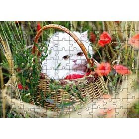 Cakapuzzle Beyaz Kedi Sepet İçinde Doğada 120 Parça Ahşap Puzzle
