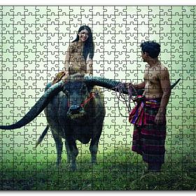Cakapuzzle Boynuzlu Manda Genç Kız ve Erkek Mdf 1000 Parça Puzzle