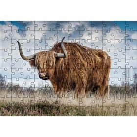 Cakapuzzle Bozkırda Kahverengi Yak Öküzü ve Bulutlar 120 Parça Ahşap Puzzle