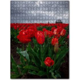 Cakapuzzle Bulutlu Lale Tarlası ve Uzakta Yeldeğirmeni Ahşap 500 Parça Puzzle