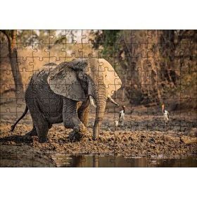 Cakapuzzle Çamur Banyosu Yapan Fil ve Arkada Leylekler 120 Parça Ahşap Puzzle