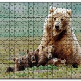 Cakapuzzle Çayırda Anne Boz Ayı ve Sevimli Yavruları Mdf 120 Parça Puzzle
