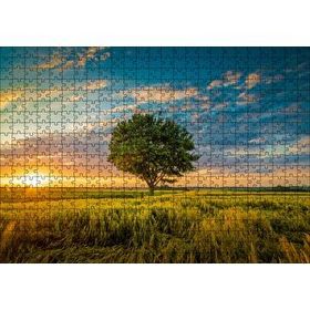 Cakapuzzle Çayırda Günbatımı Bulutlar ve Yalnız Ağaç 120 Parça Ahşap Puzzle