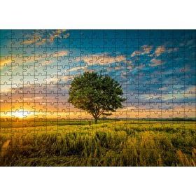 Cakapuzzle Çayırda Günbatımı Bulutlar ve Yalnız Ağaç 120 Parça Ahşap Puzzle