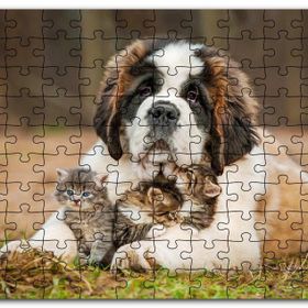 Cakapuzzle Çayırda Sen Bernard ve Kucağında Yavru Kediler Mdf 1000 Parça Puzzle