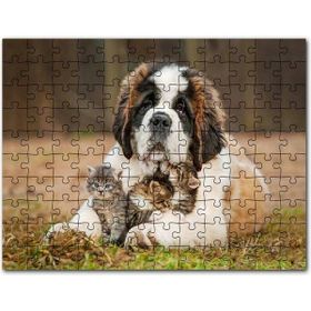 Cakapuzzle Çayırda Sen Bernard ve Kucağında Yavru Kediler Mdf 1000 Parça Puzzle