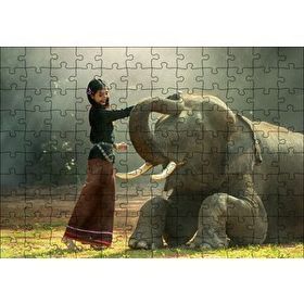 Cakapuzzle Çayırdaki Fil ve Onu Seven Kız Mdf 120 Parça Puzzle