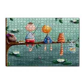 Cakapuzzle Dalda Balık Tutan Çocuklar ve Kedi İllüstrasyon 120 Parça Ahşap Puzzle
