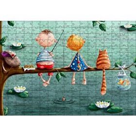 Cakapuzzle Dalda Balık Tutan Çocuklar ve Kedi İllüstrasyon 120 Parça Ahşap Puzzle