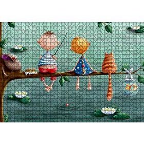 Cakapuzzle Dalda Balık Tutan Çocuklar ve Kedi İllüstrasyon 120 Parça Ahşap Puzzle