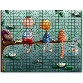 Cakapuzzle Dalda Balık Tutan Çocuklar ve Kedi İllüstrasyon Mdf 1000 Parça Puzzle