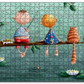 Cakapuzzle Dalda Balık Tutan Çocuklar ve Kedi İllüstrasyon Mdf 255 Parça Puzzle