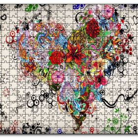 Cakapuzzle Desenler ve Çiçeklerden Kalp Figürü Görseli Mdf 500 Parça Puzzle