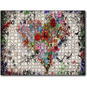 Cakapuzzle Desenler ve Çiçeklerden Kalp Figürü Görseli Mdf 500 Parça Puzzle