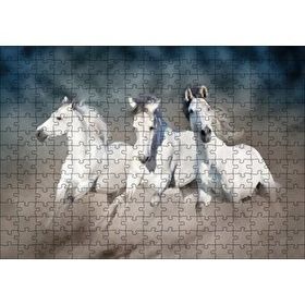 Cakapuzzle Doğada Koşan Üçlü Beyaz Atlar Görseli 120 Parça Ahşap Puzzle