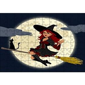 Cakapuzzle Dolunay ve Süpürgeli Cadıyla Kedisi 120 Parça Ahşap Puzzle