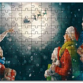 Cakapuzzle Dolunayda Noel Baba ve Geyiklerini İzleyenler Mdf 120 Parça Puzzle