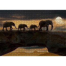 Cakapuzzle Dolunayda Yürüyen Fil Ailesi ve Bulutlar Mdf 1000 Parça Puzzle