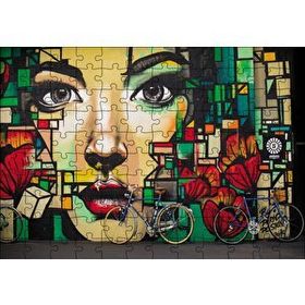 Cakapuzzle Duvar Boyama Kadın Portre ve Bisikletler 120 Parça Ahşap Puzzle