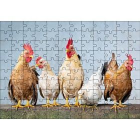 Cakapuzzle Duvarın Üstünde Kahverengi Beyaz Tavuklar 120 Parça Ahşap Puzzle