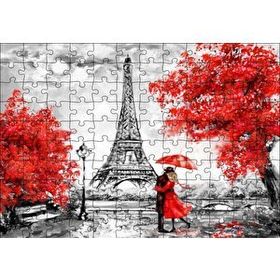 Cakapuzzle Eyfel Kulesi Kırmızı Ağaçlar Kırmızı Şemsiyeli Çift 120 Parça Ahşap Puzzle