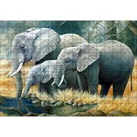 Cakapuzzle Fil Ailesi Su Kenarında Dijital Çizim 120 Parça Ahşap Puzzle