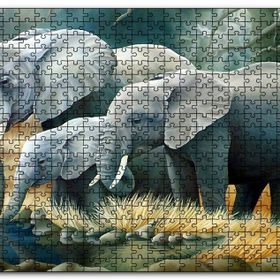 Cakapuzzle Fil Ailesi Su Kenarında Dijital Çizim Mdf 1000 Parça Puzzle