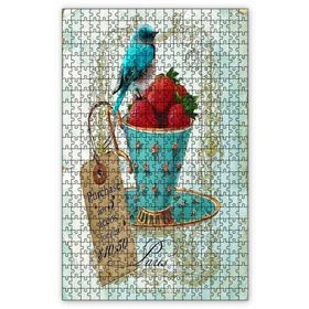 Cakapuzzle Fincanda Çilekler ve Kuş Vintage Ahşap 1000 Parça Puzzle