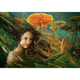 Cakapuzzle Genç Kadın ve Dev Yapraklar Yağlıboya Efekt 120 Parça Ahşap Puzzle