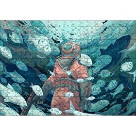 Cakapuzzle Giysisi ve Zıpkınıyla Balıklar Arasındaki Dalgıç 120 Parça Ahşap Puzzle