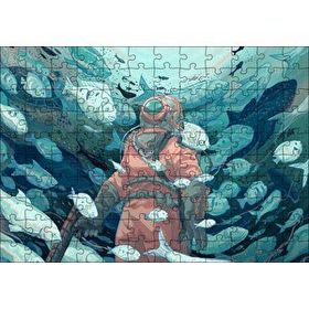 Cakapuzzle Giysisi ve Zıpkınıyla Balıklar Arasındaki Dalgıç 120 Parça Ahşap Puzzle