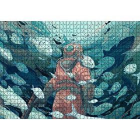 Cakapuzzle Giysisi ve Zıpkınıyla Balıklar Arasındaki Dalgıç 120 Parça Ahşap Puzzle