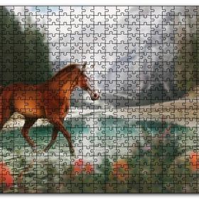 Cakapuzzle Göl Kıyısında Kahverengi At Flu Orman Arkaplan Mdf 1000 Parça Puzzle