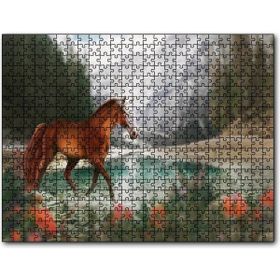 Cakapuzzle Göl Kıyısında Kahverengi At Flu Orman Arkaplan Mdf 500 Parça Puzzle